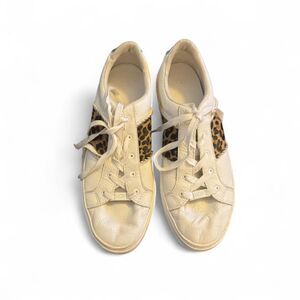 UGG Women’s Size 12 White Leather Sneakers Leopard Print Panel Casual Shoes